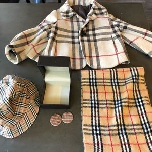 Burberry coat, leather jewelry box, earrings